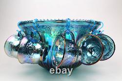 Vintage Blue Carnival Glass Princess Punch Bowl Set Indiana Glass Iridescent