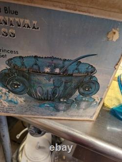 Vintage Blue Carnival Glass Princess Punch Bowl Set Indiana Glass Iridescent