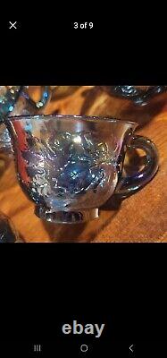 Vintage Blue Carnival Glass Princess Punch Bowl Set Indiana Glass Iridescent