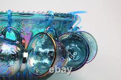 Vintage Blue Carnival Glass Princess Punch Bowl Set Indiana Glass Iridescent