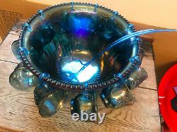 Vintage Blue Carnival Glass Punch Bowl, 12 Cups & Ladle Excellent Condition