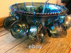 Vintage Blue Carnival Glass Punch Bowl, 12 Cups & Ladle Excellent Condition