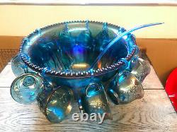 Vintage Blue Carnival Glass Punch Bowl, 12 Cups & Ladle Excellent Condition