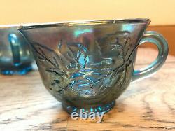 Vintage Blue Carnival Glass Punch Bowl, 12 Cups & Ladle Excellent Condition