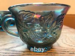 Vintage Blue Carnival Glass Punch Bowl, 12 Cups & Ladle Excellent Condition