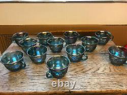 Vintage Blue Carnival Glass Punch Bowl, 12 Cups & Ladle Excellent Condition