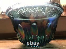 Vintage Blue Carnival Glass Punch Bowl, 12 Cups & Ladle Excellent Condition