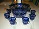 Vintage Blue Cut To Clear Crystal Punch Bowl With Seven (7) Cups Hungary