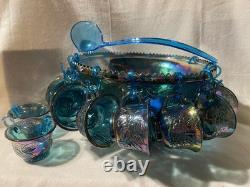 Vintage Blue/Purple Carnival Glass Punch Bowl With 12 Cups Grape/Leaf Pattern