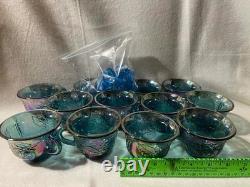 Vintage Blue/Purple Carnival Glass Punch Bowl With 12 Cups Grape/Leaf Pattern