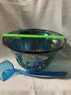 Vintage Blue/Purple Carnival Glass Punch Bowl With 12 Cups Grape/Leaf Pattern