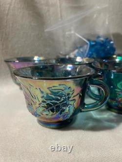 Vintage Blue/Purple Carnival Glass Punch Bowl With 12 Cups Grape/Leaf Pattern