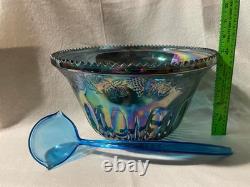 Vintage Blue/Purple Carnival Glass Punch Bowl With 12 Cups Grape/Leaf Pattern