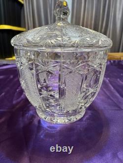 Vintage Bohemia Cut Crystal Punch Bowl with Lid Decorative Centerpiece Hand Cut