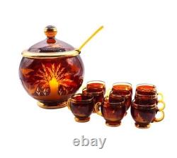 Vintage Bohemia Czech Amber Gold Etched Wildlife Punch Bowl Set Lid Ladle Cut To