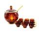 Vintage Bohemia Czech Amber Gold Etched Wildlife Punch Bowl Set Lid Ladle Cut To