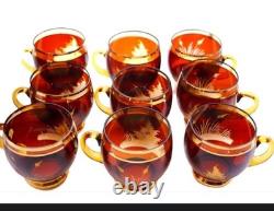 Vintage Bohemia Czech Amber Gold Etched Wildlife Punch Bowl Set Lid Ladle Cut To