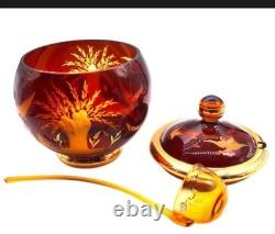 Vintage Bohemia Czech Amber Gold Etched Wildlife Punch Bowl Set Lid Ladle Cut To