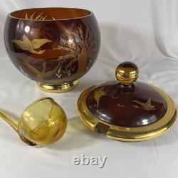 Vintage Bohemia Czech Amber Gold Etched Wildlife Punch Bowl Set Lid Ladle Cut To Vintage Bohemia Czech Amber Gold Etched Wildlife Punch Bowl Set Lid Ladle Cut To