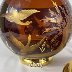 Vintage Bohemia Czech Amber Gold Etched Wildlife Punch Bowl Set Lid Ladle Cut To