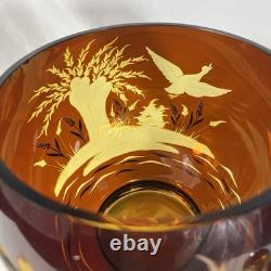 Vintage Bohemia Czech Amber Gold Etched Wildlife Punch Bowl Set Lid Ladle Cut To