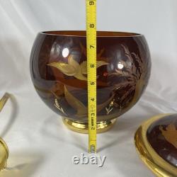 Vintage Bohemia Czech Amber Gold Etched Wildlife Punch Bowl Set Lid Ladle Cut To