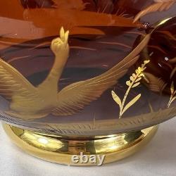 Vintage Bohemia Czech Amber Gold Etched Wildlife Punch Bowl Set Lid Ladle Cut To