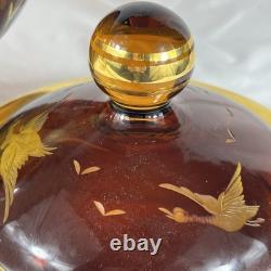 Vintage Bohemia Czech Amber Gold Etched Wildlife Punch Bowl Set Lid Ladle Cut To