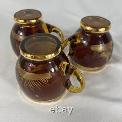 Vintage Bohemia Czech Amber Gold Etched Wildlife Punch Bowl Set Lid Ladle Cut To