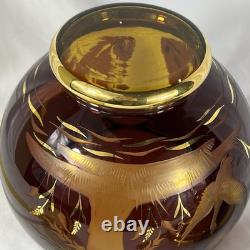 Vintage Bohemia Czech Amber Gold Etched Wildlife Punch Bowl Set Lid Ladle Cut To