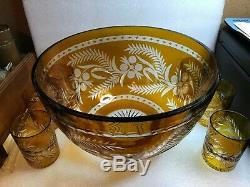 Vintage Bohemian Amber Cut To Clear Punch Bowl Set