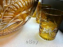 Vintage Bohemian Amber Cut To Clear Punch Bowl Set
