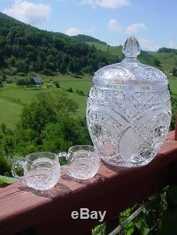 Vintage Bohemian Brilliant Cut Glass Lidded Punch Bowl and 22 Cups
