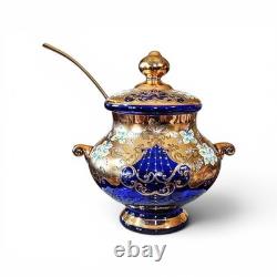 Vintage Bohemian Cobalt Blue Glass 24K Gold Hand Painted Punch Bowl With Ladel
