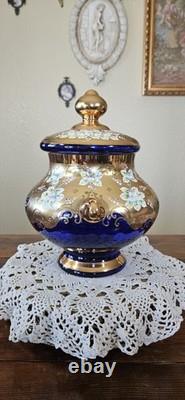 Vintage Bohemian Cobalt Blue Glass 24K Gold Hand Painted Punch Bowl With Ladel