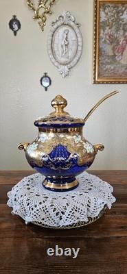 Vintage Bohemian Cobalt Blue Glass 24K Gold Hand Painted Punch Bowl With Ladel