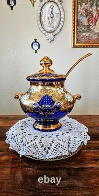 Vintage Bohemian Cobalt Blue Glass 24K Gold Hand Painted Punch Bowl With Ladel