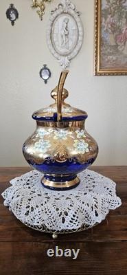 Vintage Bohemian Cobalt Blue Glass 24K Gold Hand Painted Punch Bowl With Ladel