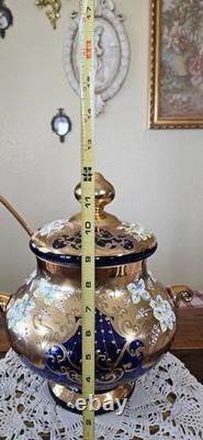 Vintage Bohemian Cobalt Blue Glass 24K Gold Hand Painted Punch Bowl With Ladel