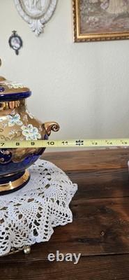 Vintage Bohemian Cobalt Blue Glass 24K Gold Hand Painted Punch Bowl With Ladel