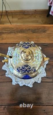 Vintage Bohemian Cobalt Blue Glass 24K Gold Hand Painted Punch Bowl With Ladel