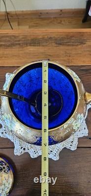 Vintage Bohemian Cobalt Blue Glass 24K Gold Hand Painted Punch Bowl With Ladel