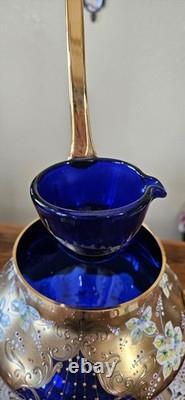 Vintage Bohemian Cobalt Blue Glass 24K Gold Hand Painted Punch Bowl With Ladel