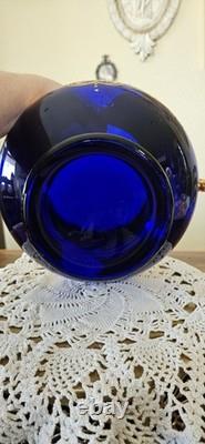 Vintage Bohemian Cobalt Blue Glass 24K Gold Hand Painted Punch Bowl With Ladel
