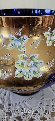 Vintage Bohemian Cobalt Blue Glass 24K Gold Hand Painted Punch Bowl With Ladel