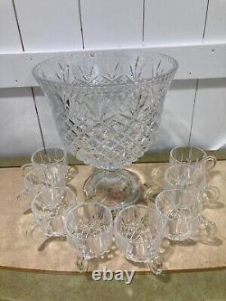 Vintage Bohemian Cut Crystal Glass Vase/punch Bowl & 8 Cups Clear 16hx11.5in