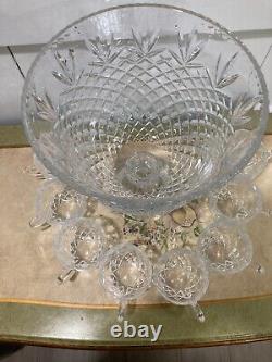 Vintage Bohemian Cut Crystal Glass Vase/punch Bowl & 8 Cups Clear 16hx11.5in