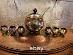 Vintage Bohemian Czech Glass Green With Gold Flowers, Hand Painted Punch Bowl