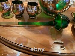 Vintage Bohemian Czech Glass Green With Gold Flowers, Hand Painted Punch Bowl