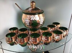 Vintage Bohemian Czech Glass Green With Gold Gilt Hand Painted Punch Bowl Set